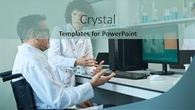  Presentation with discussion - Slides having confident-mature-female-virologist-talking background and a light blue colored foreground