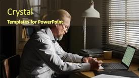  Presentation with front desk - PPT theme featuring confident-mature-male-psychotherapist-making background and a  colored foreground