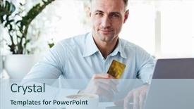  Presentation with credit card - Presentation having confident mature man showing golden background and a sky blue colored foreground