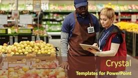  Presentation with sales - Presentation theme featuring confident-mature-manager-of-supermarket background and a tawny brown colored foreground