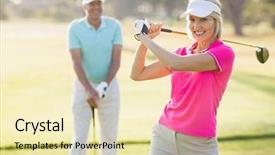  Presentation with confident - Cool new theme with confident mature woman carrying golf backdrop and a soft green colored foreground