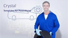  Presentation with tire - Presentation featuring confident mechanic holding tire against grey vignette background and a sky blue colored foreground