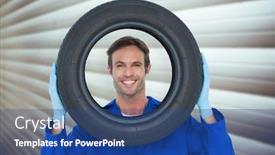  Presentation with tire - Beautiful slide set featuring confident mechanic looking through tire against grey shutters backdrop and a ocean colored foreground