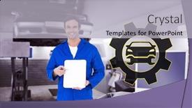  Presentation with mechanic shop - Slide set consisting of confident mechanic showing blank clipboard against auto repair shop background and a light gray colored foreground