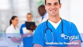  Presentation with doctor in hospital health insurance related icons healthcare person saving medical - Slide set consisting of confident medical doctor portrait background and a teal colored foreground