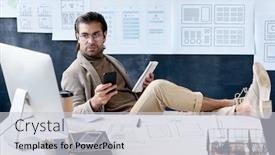  Presentation with online app - Cool new slide set with confident-middle-aged-man backdrop and a light gray colored foreground