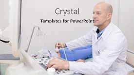  Presentation with examination - Presentation having confident professional looking at screen while making ultrasonic examination of patient by special equipment in clinics background and a white colored foreground