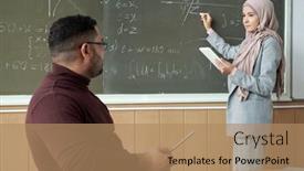  Presentation with professor - PPT theme featuring confident-professor-and-young-female background and a coral colored foreground