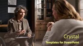  Presentation with depression - PPT theme with confident-psychotherapist-explaining-something background and a tawny brown colored foreground