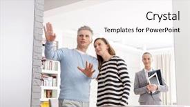  Presentation with discussing parents - Presentation design consisting of confident saleswoman looking at couple background and a white colored foreground