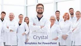  Presentation with team leader - Amazing presentation theme having confident-scientific-leader-standing backdrop and a sky blue colored foreground