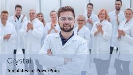  Presentation with team leader - Colorful presentation enhanced with confident-scientific-leader-standing backdrop and a light blue colored foreground