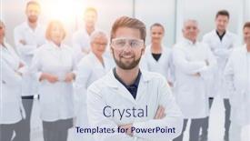  Presentation with team leader - PPT theme featuring confident-scientific-leader-standing background and a sky blue colored foreground