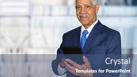  Presentation with working - Cool new PPT theme with confident senior businessman who is working backdrop and a ocean colored foreground