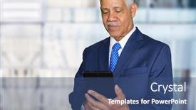  Presentation with confident - PPT theme featuring confident senior businessman who is working background and a ocean colored foreground