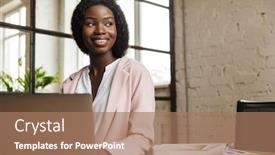  Presentation with woman office desk - Colorful presentation theme enhanced with confident-smiling-attractive-young-african backdrop and a coral colored foreground