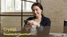  Presentation with woman office desk - Cool new slide set with confident-smiling-attractive-young-woman backdrop and a tawny brown colored foreground