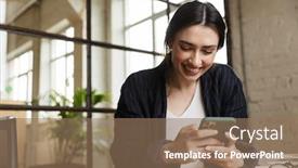  Presentation with woman office desk - Presentation design enhanced with confident-smiling-attractive-young-woman background and a coral colored foreground