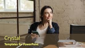  Presentation with woman office desk - Colorful presentation design enhanced with confident-smiling-attractive-young-woman backdrop and a tawny brown colored foreground