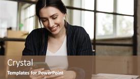  Presentation with woman office desk - PPT theme having confident-smiling-attractive-young-woman background and a coral colored foreground