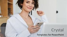  Presentation with entrepreneur - Beautiful slide deck featuring confident-smiling-young-attractive-woman backdrop and a light gray colored foreground