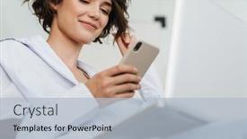  Presentation with young business woman smile show - PPT theme with confident-smiling-young-attractive-woman background and a light blue colored foreground