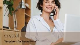  Presentation with human computer interaction mobile app - Audience pleasing PPT theme consisting of confident-smiling-young-attractive-woman backdrop and a coral colored foreground