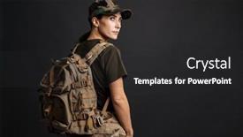  Presentation with backpack - Theme featuring confident-soldier-woman-posing background and a dark gray colored foreground