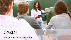  Presentation with chemistry formula - Audience pleasing PPT layouts consisting of confident student pointing at formula on blackboard during chemistry lesson backdrop and a sky blue colored foreground