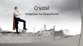  Presentation with superman - Audience pleasing PPT theme consisting of confident superman in cape and mask standing on ruins backdrop and a light gray colored foreground