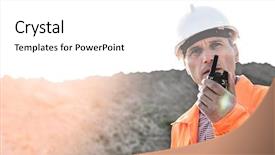  Presentation with walkie talkie - Presentation theme enhanced with confident supervisor using walkie-talkie on construction site against clear sky background and a white colored foreground