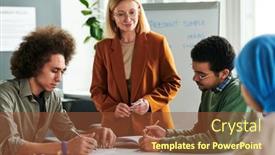  Presentation with teacher - Slide set with confident-teacher-standing-in-front background and a tawny brown colored foreground