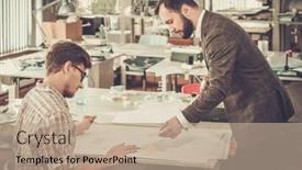  Presentation with team working together - Colorful presentation design enhanced with confident team of engineers working together in a architect studio backdrop and a coral colored foreground