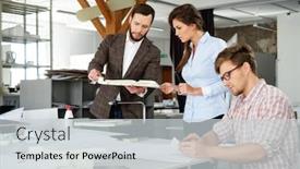 Presentation with team working together - Cool new PPT theme with confident team of engineers working together in a architect studio backdrop and a light gray colored foreground