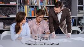  Presentation with team working together - Slide deck with confident team of engineers working together in a architect studio background and a light blue colored foreground