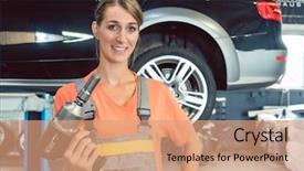  Presentation with mechanic shop - PPT layouts enhanced with confident woman holding an impact background and a coral colored foreground