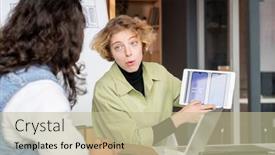  Presentation with developer - Cool new slide deck with confident-young-blond-female-mobile backdrop and a mint green colored foreground