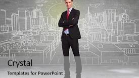  Presentation with confident - Theme having confident young business man standing in front of a sketch of a big city background and a light gray colored foreground