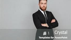  Presentation with confident - Audience pleasing PPT theme consisting of confident young businessman in suit backdrop and a gray colored foreground
