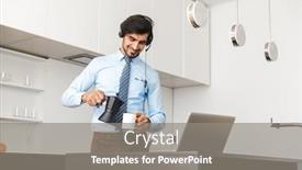  Presentation with confident - Cool new PPT theme with confident young businessman working at home at the kitchen using laptop computer communicating through headphone set drinking coffee backdrop and a gray colored foreground