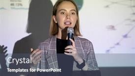  Presentation with speaking - Beautiful PPT theme featuring confident-young-businesswoman-speaking backdrop and a ocean colored foreground
