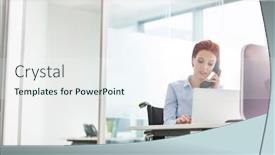  Presentation with flare - Beautiful PPT theme featuring confident young disabled businesswoman working at desk in office with lens flare in background backdrop and a sky blue colored foreground