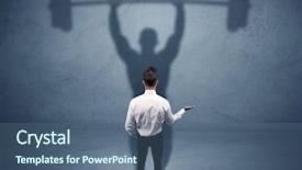  Presentation with weight lifting - Cool new slide set with confident young elegant salesman with briefcase facing a wall looking at his strong weight lifting shadow concept backdrop and a ocean colored foreground