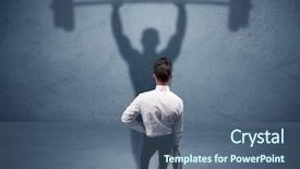  Presentation with weight lifting - Colorful PPT layouts enhanced with confident young elegant salesman with briefcase facing a wall looking at his strong weight lifting shadow concept backdrop and a ocean colored foreground
