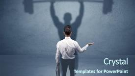  Presentation with weight lifting - Amazing PPT layouts having confident young elegant salesman with briefcase facing a wall looking at his strong weight lifting shadow concept backdrop and a ocean colored foreground