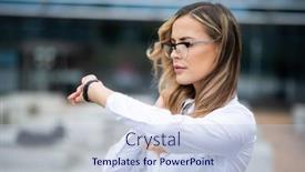  Presentation with confident - Amazing PPT theme having confident-young-female-manager-checking backdrop and a light blue colored foreground