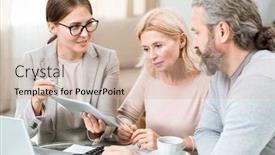  Presentation with insurance - Amazing slide set having confident young financial advisor or insurance agent with touchpad pointng at electronic document on display backdrop and a soft green colored foreground