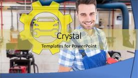  Presentation with monkey - Slide deck with confident young male repairman holding monkey wrench against workshop background and a yellow colored foreground