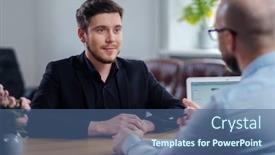  Presentation with job interview - Cool new theme with confident young man attending job interview backdrop and a ocean colored foreground