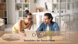  Presentation with new office - PPT layouts with confident-young-man-presenting-part background and a coral colored foreground